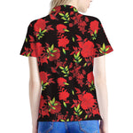 Black And Red Roses Floral Print Women's Polo Shirt