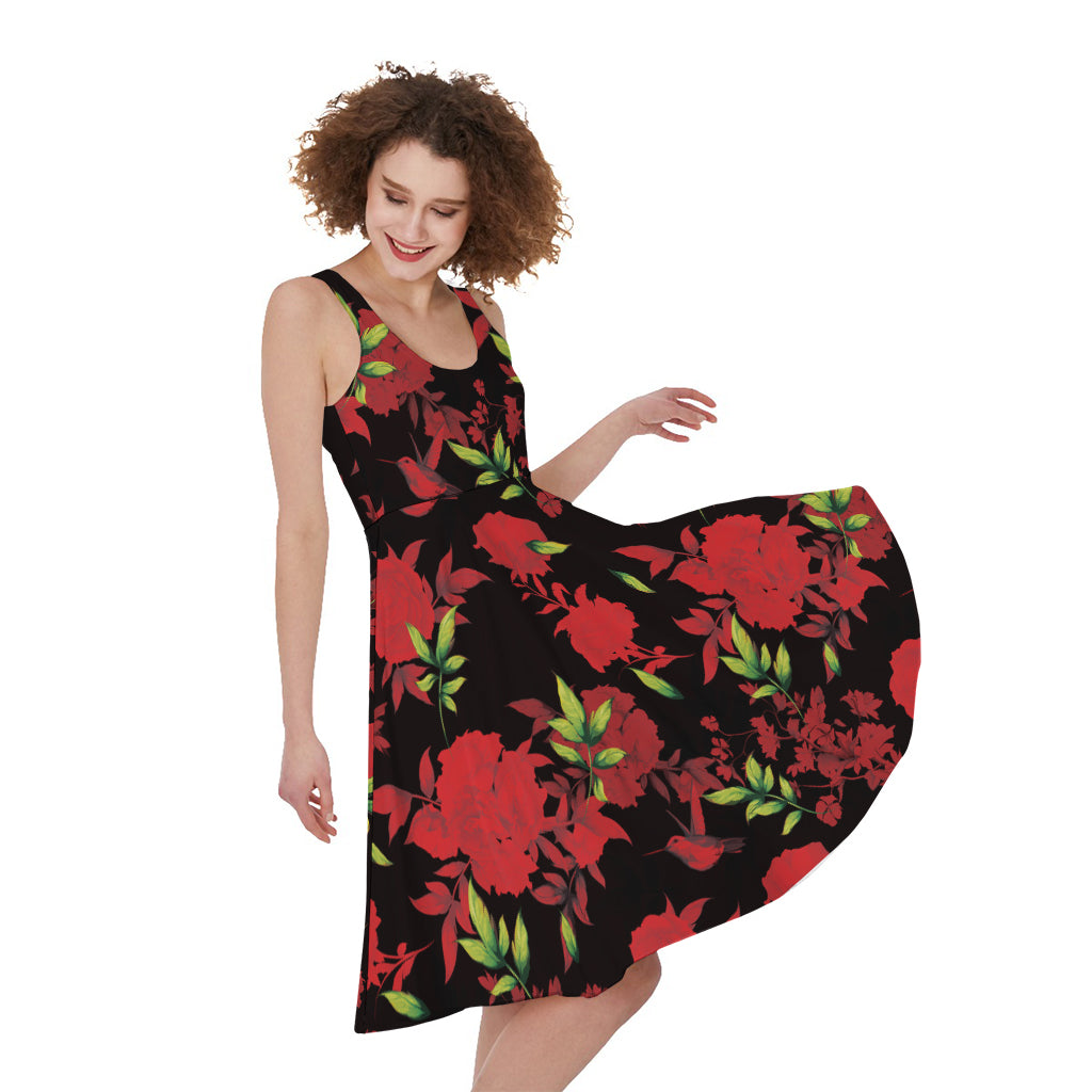 Black And Red Roses Floral Print Women's Sleeveless Dress