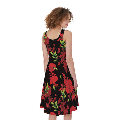 Black And Red Roses Floral Print Women's Sleeveless Dress