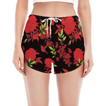 Black And Red Roses Floral Print Women's Split Running Shorts