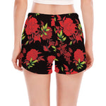 Black And Red Roses Floral Print Women's Split Running Shorts
