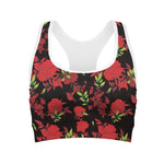 Black And Red Roses Floral Print Women's Sports Bra