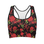 Black And Red Roses Floral Print Women's Sports Bra