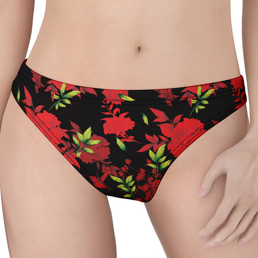 Black And Red Roses Floral Print Women's Thong