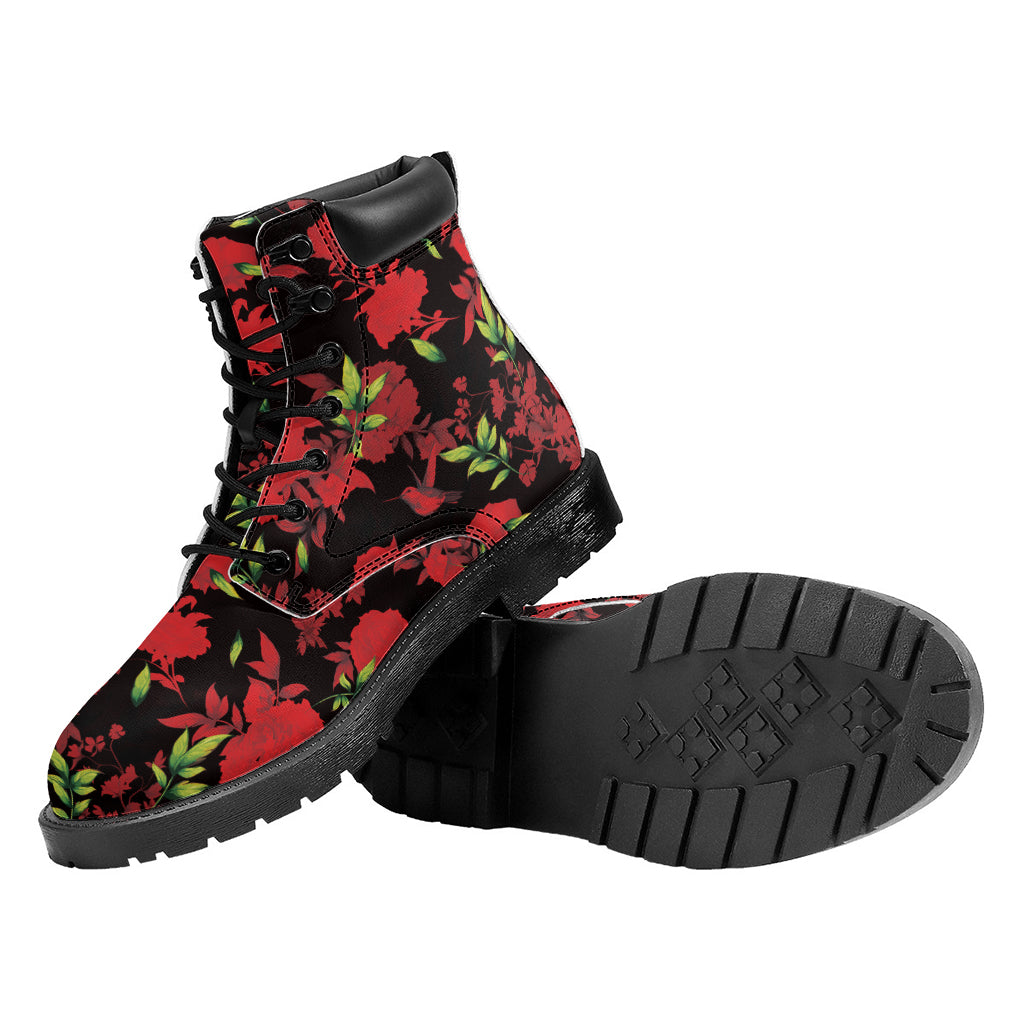 Black And Red Roses Floral Print Work Boots