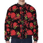 Black And Red Roses Floral Print Zip Sleeve Bomber Jacket