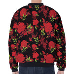 Black And Red Roses Floral Print Zip Sleeve Bomber Jacket
