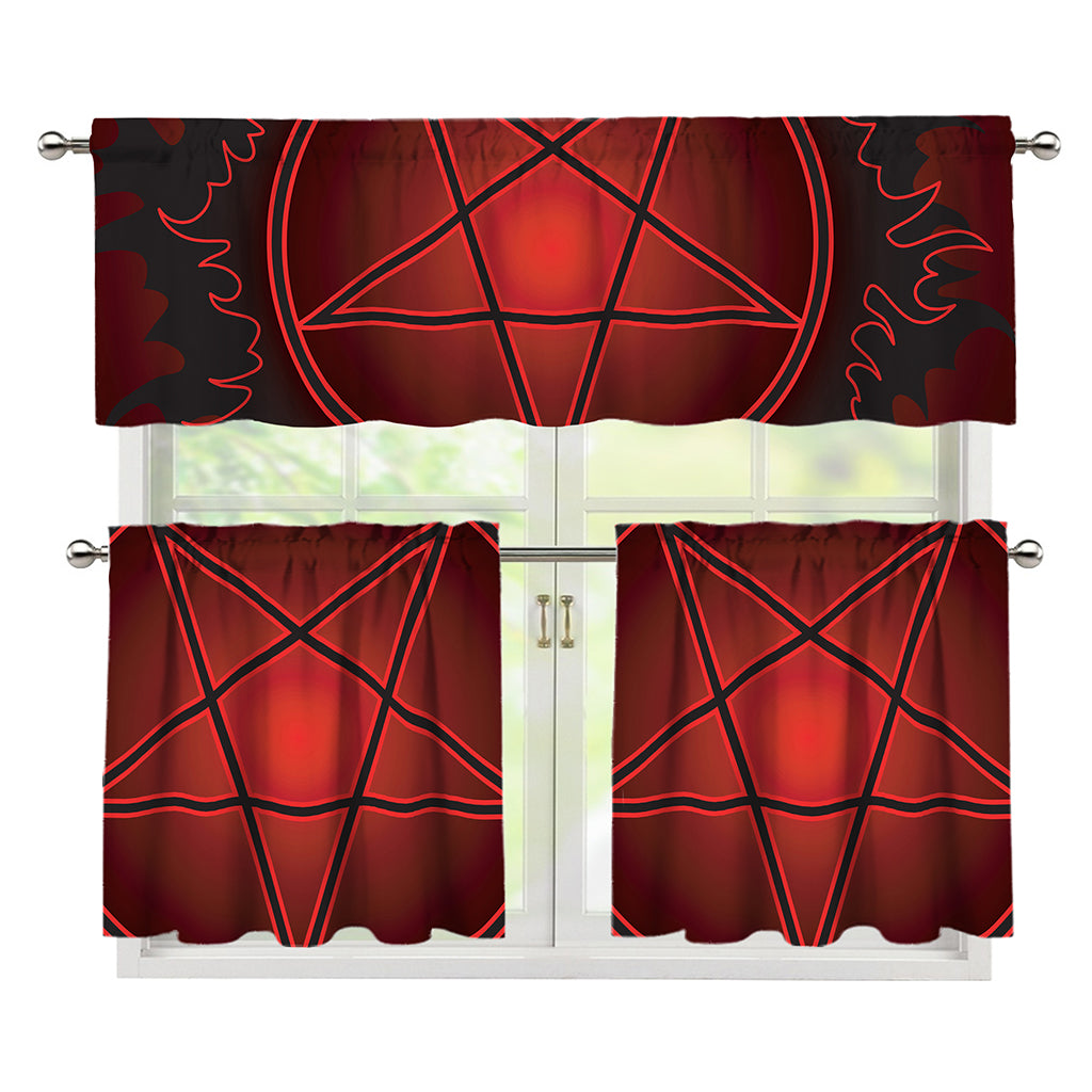 Black And Red Satanic Pentagram Print 3 Piece Kitchen Curtains