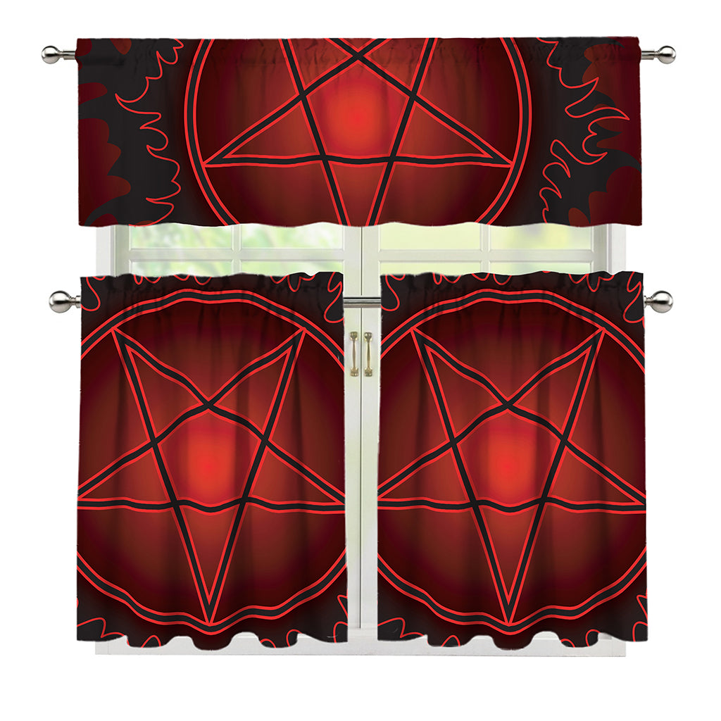 Black And Red Satanic Pentagram Print 3 Piece Kitchen Curtains
