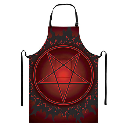Black And Red Satanic Pentagram Print Bib Apron With Pocket