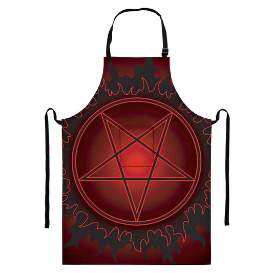 Black And Red Satanic Pentagram Print Bib Apron With Pocket
