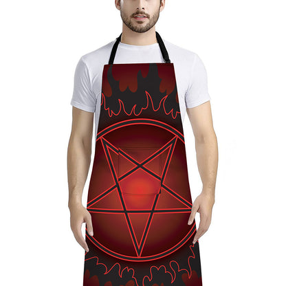 Black And Red Satanic Pentagram Print Bib Apron With Pocket