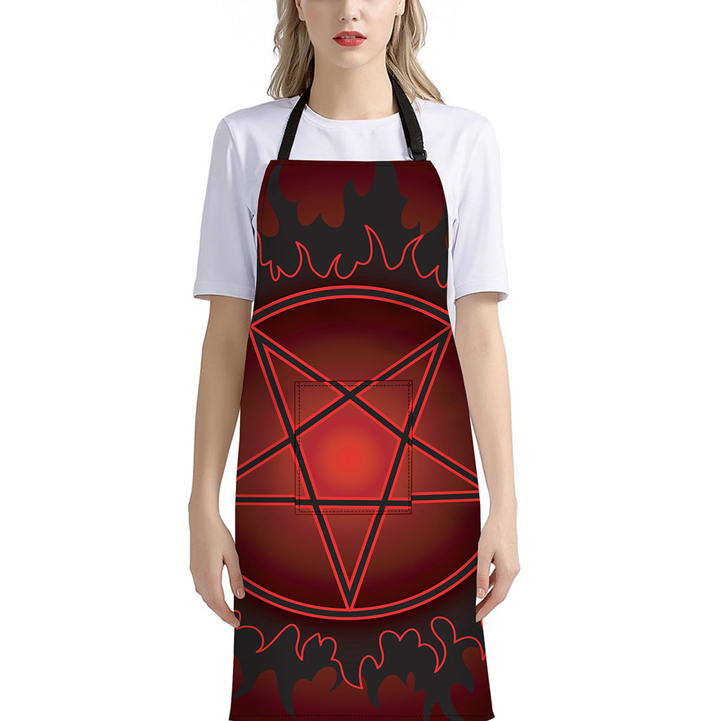 Black And Red Satanic Pentagram Print Bib Apron With Pocket