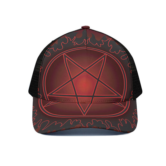 Black And Red Satanic Pentagram Print Black Mesh Trucker Cap