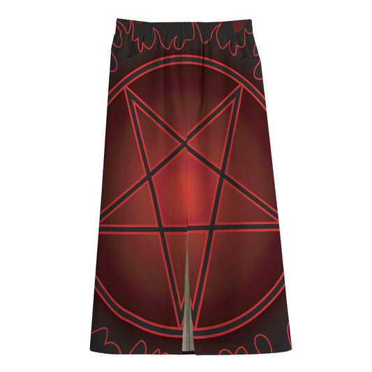 Black And Red Satanic Pentagram Print Cotton Front Slit Maxi Skirt