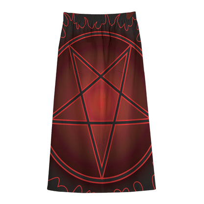 Black And Red Satanic Pentagram Print Cotton Front Slit Maxi Skirt