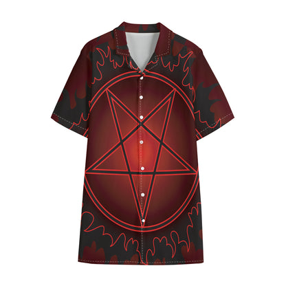 Black And Red Satanic Pentagram Print Cotton Hawaiian Shirt