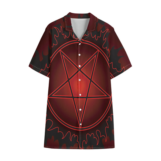 Black And Red Satanic Pentagram Print Cotton Hawaiian Shirt