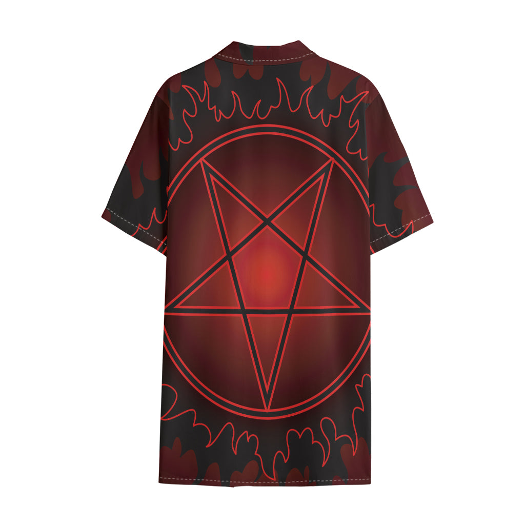 Black And Red Satanic Pentagram Print Cotton Hawaiian Shirt