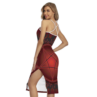 Black And Red Satanic Pentagram Print Cross Back Cami Dress