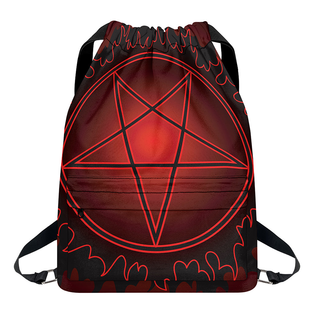 Black And Red Satanic Pentagram Print Drawstring Backpack