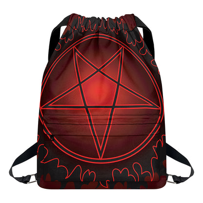 Black And Red Satanic Pentagram Print Drawstring Backpack