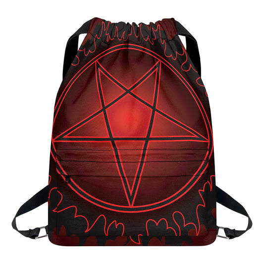 Black And Red Satanic Pentagram Print Drawstring Backpack