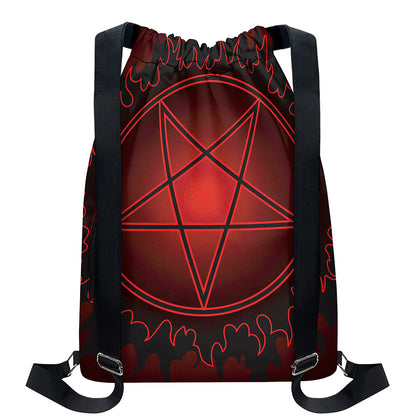 Black And Red Satanic Pentagram Print Drawstring Backpack