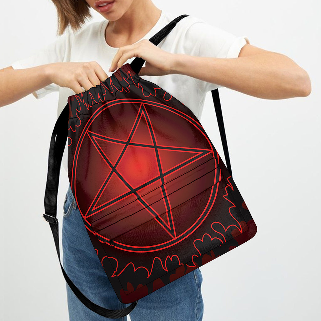 Black And Red Satanic Pentagram Print Drawstring Backpack