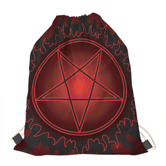 Black And Red Satanic Pentagram Print Drawstring Bag