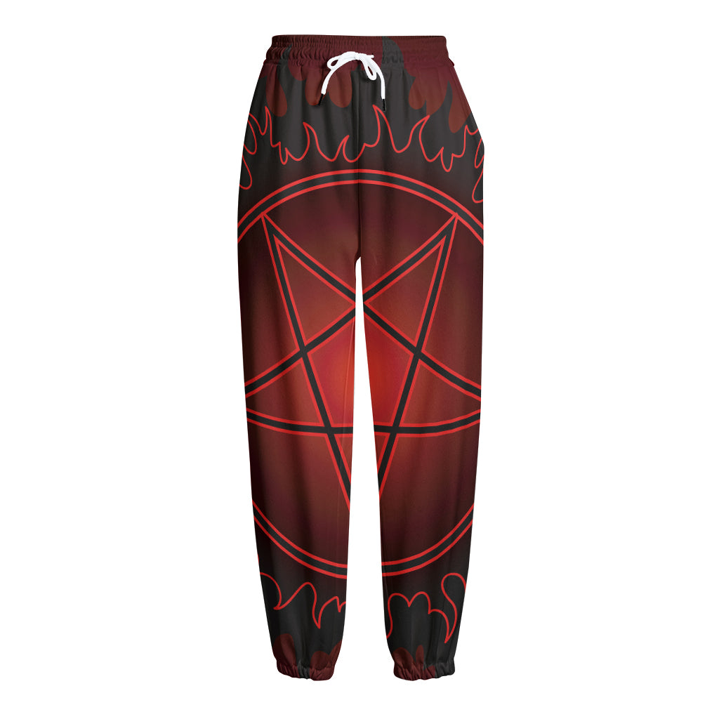 Black And Red Satanic Pentagram Print Fleece Lined Knit Pants