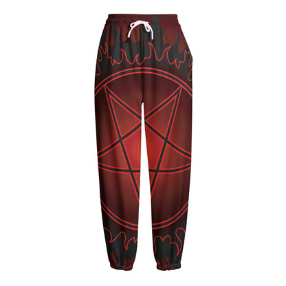 Black And Red Satanic Pentagram Print Fleece Lined Knit Pants