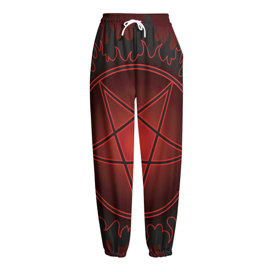 Black And Red Satanic Pentagram Print Fleece Lined Knit Pants