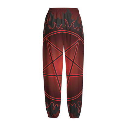Black And Red Satanic Pentagram Print Fleece Lined Knit Pants