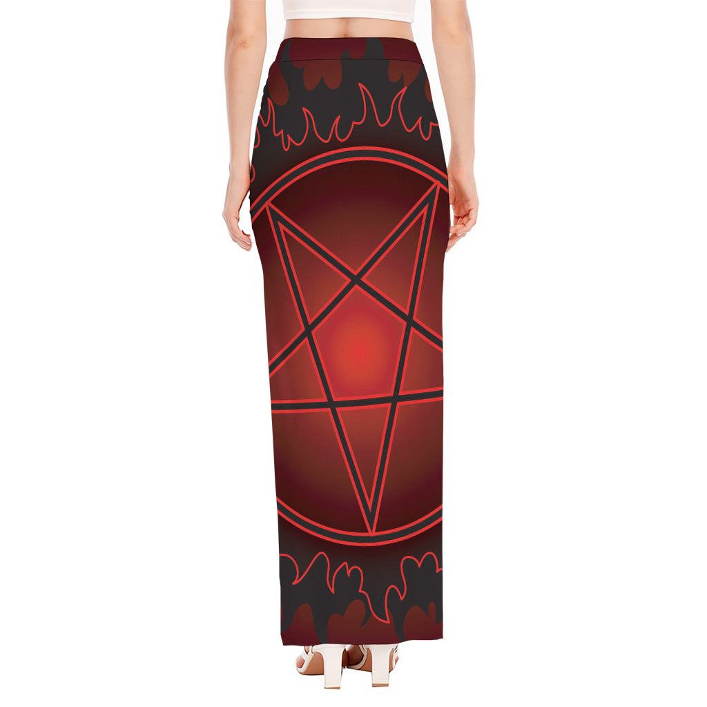 Black And Red Satanic Pentagram Print High Slit Maxi Skirt