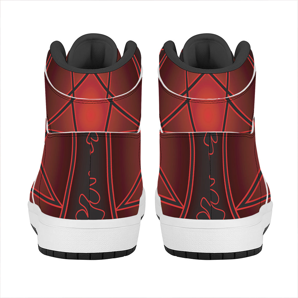 Black And Red Satanic Pentagram Print High Top Leather Sneakers