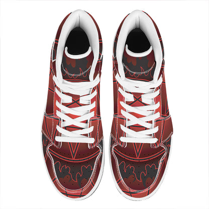 Black And Red Satanic Pentagram Print High Top Leather Sneakers