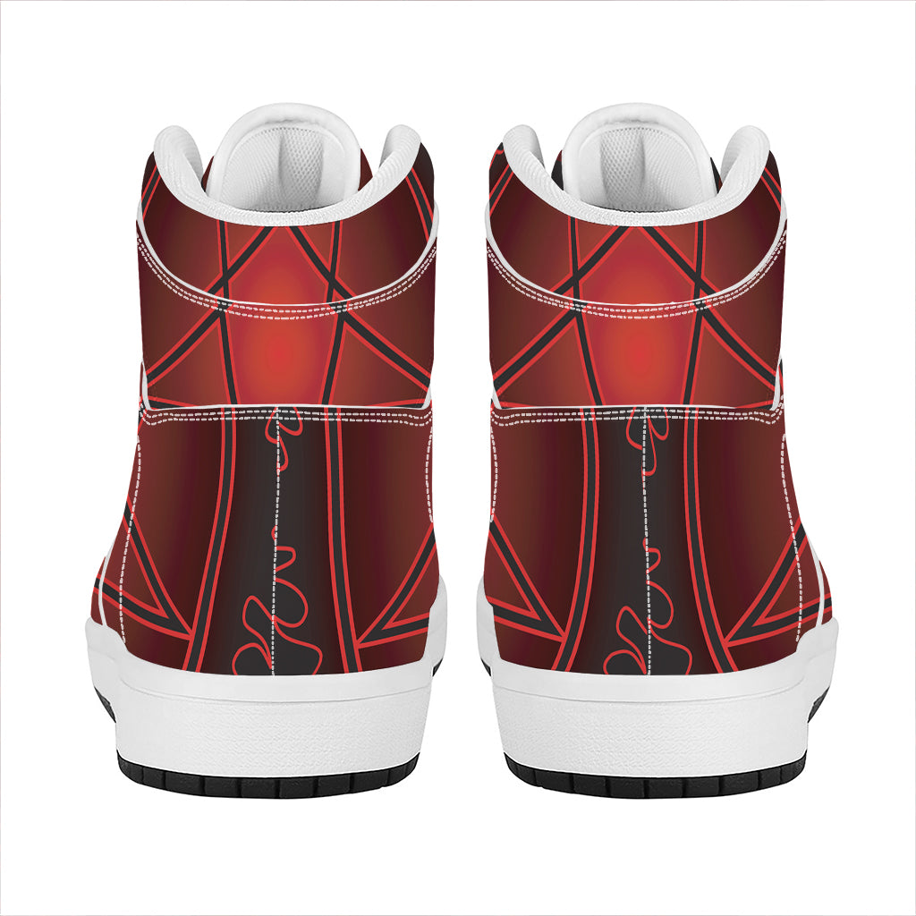 Black And Red Satanic Pentagram Print High Top Leather Sneakers