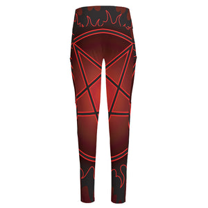 Black And Red Satanic Pentagram Print High-Waisted Pocket Leggings