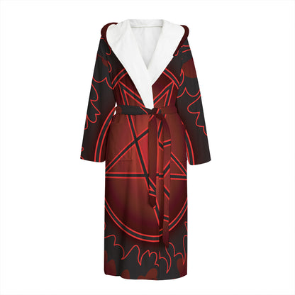 Black And Red Satanic Pentagram Print Hooded Bathrobe