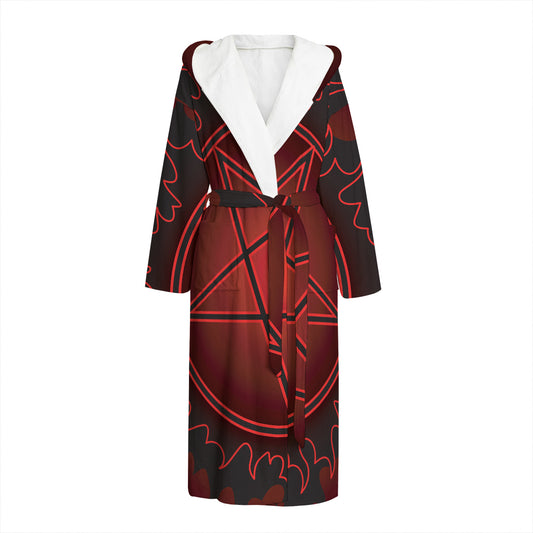 Black And Red Satanic Pentagram Print Hooded Bathrobe
