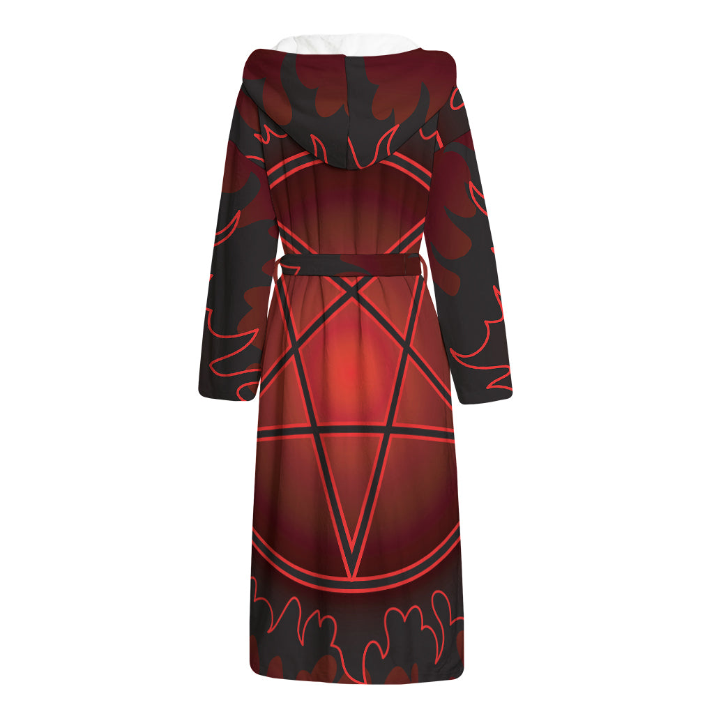 Black And Red Satanic Pentagram Print Hooded Bathrobe