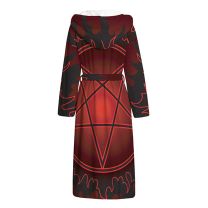Black And Red Satanic Pentagram Print Hooded Bathrobe