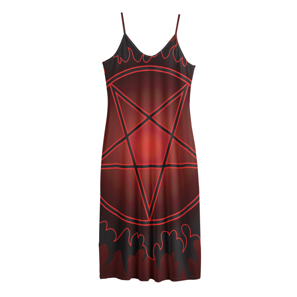 Black And Red Satanic Pentagram Print Jersey Midi Cami Dress
