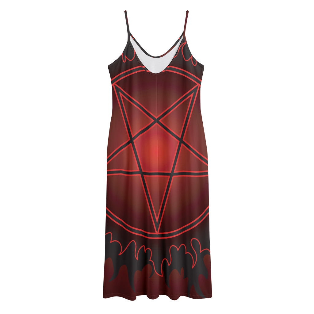 Black And Red Satanic Pentagram Print Jersey Midi Cami Dress