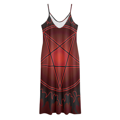Black And Red Satanic Pentagram Print Jersey Midi Cami Dress