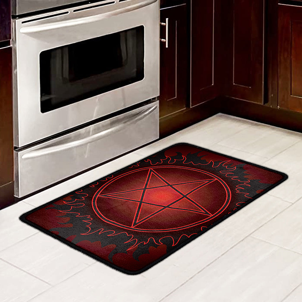 Black And Red Satanic Pentagram Print Kitchen Mat