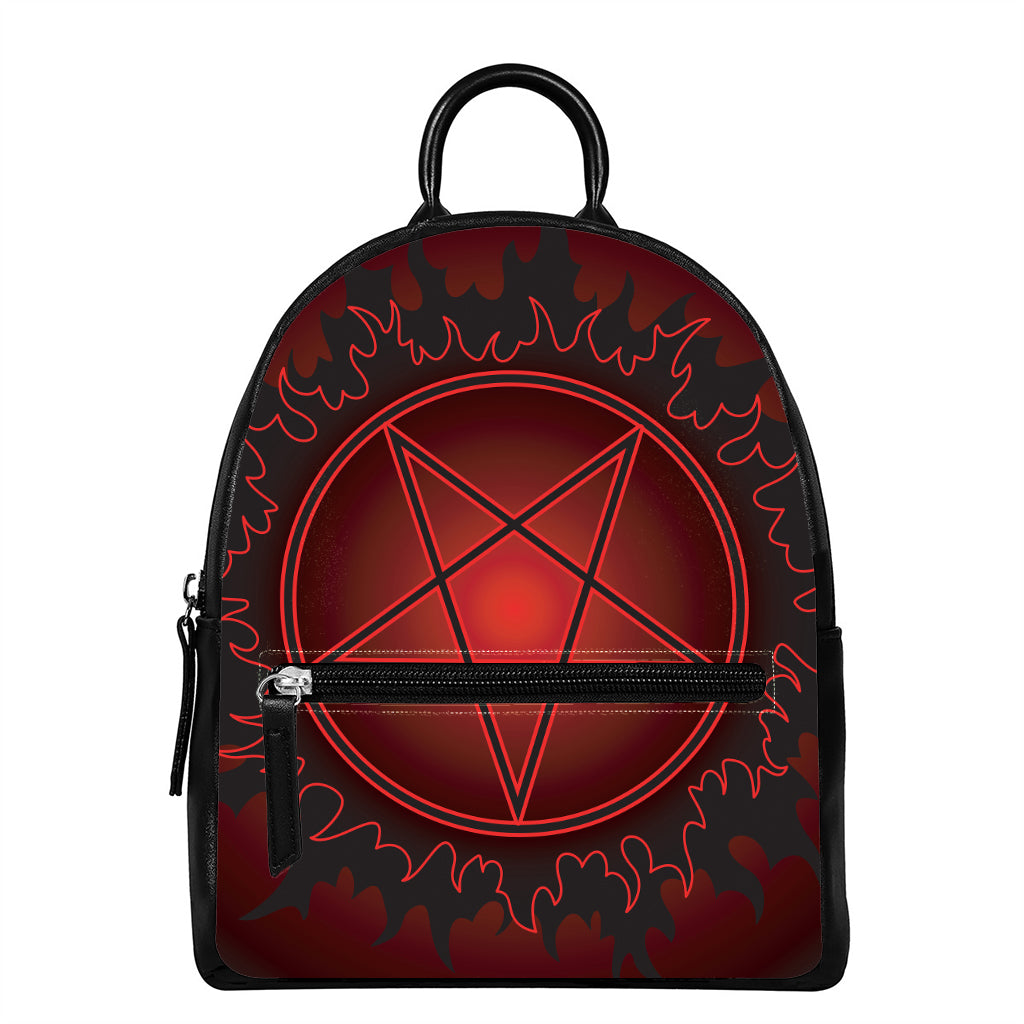 Black And Red Satanic Pentagram Print Leather Backpack