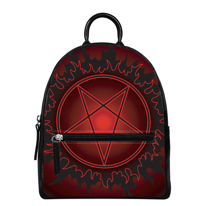 Black And Red Satanic Pentagram Print Leather Backpack