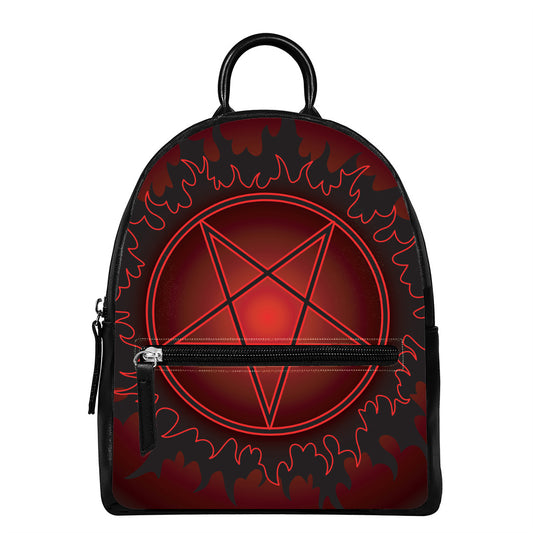 Black And Red Satanic Pentagram Print Leather Backpack
